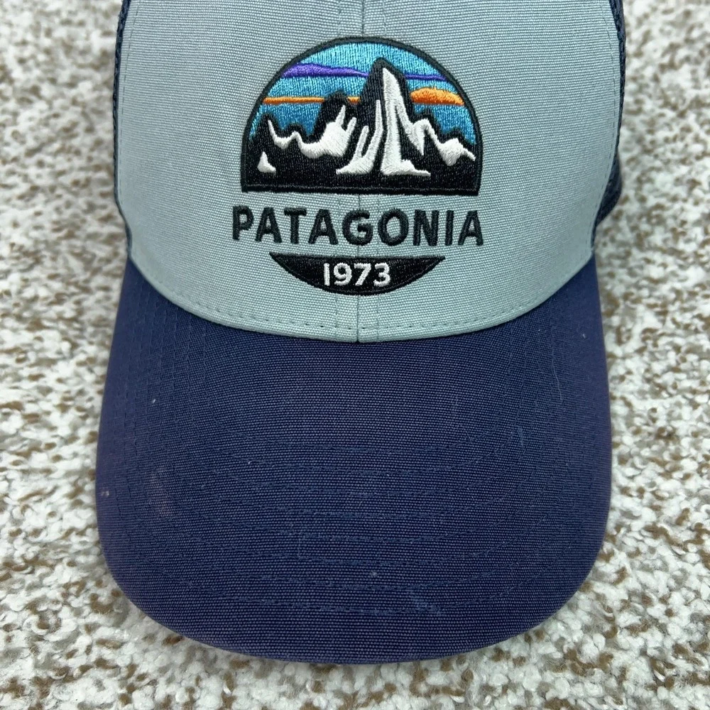 Patagonia Hat Cap Snap Back Mens One Size Blue Mesh Trucker 1973 Logo Outdoor